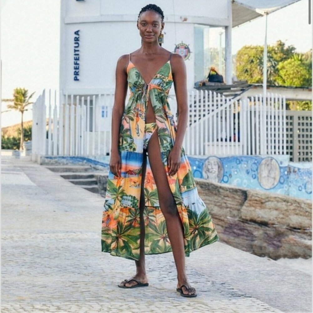 New Farm Rio Carioca Metallic Stripe Swim Beach Cover-Up Maxi Dress Medium NWT - Picture 8 of 12